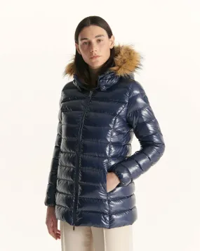 Grand Froid Navy Perle lacquered mid-length jacket