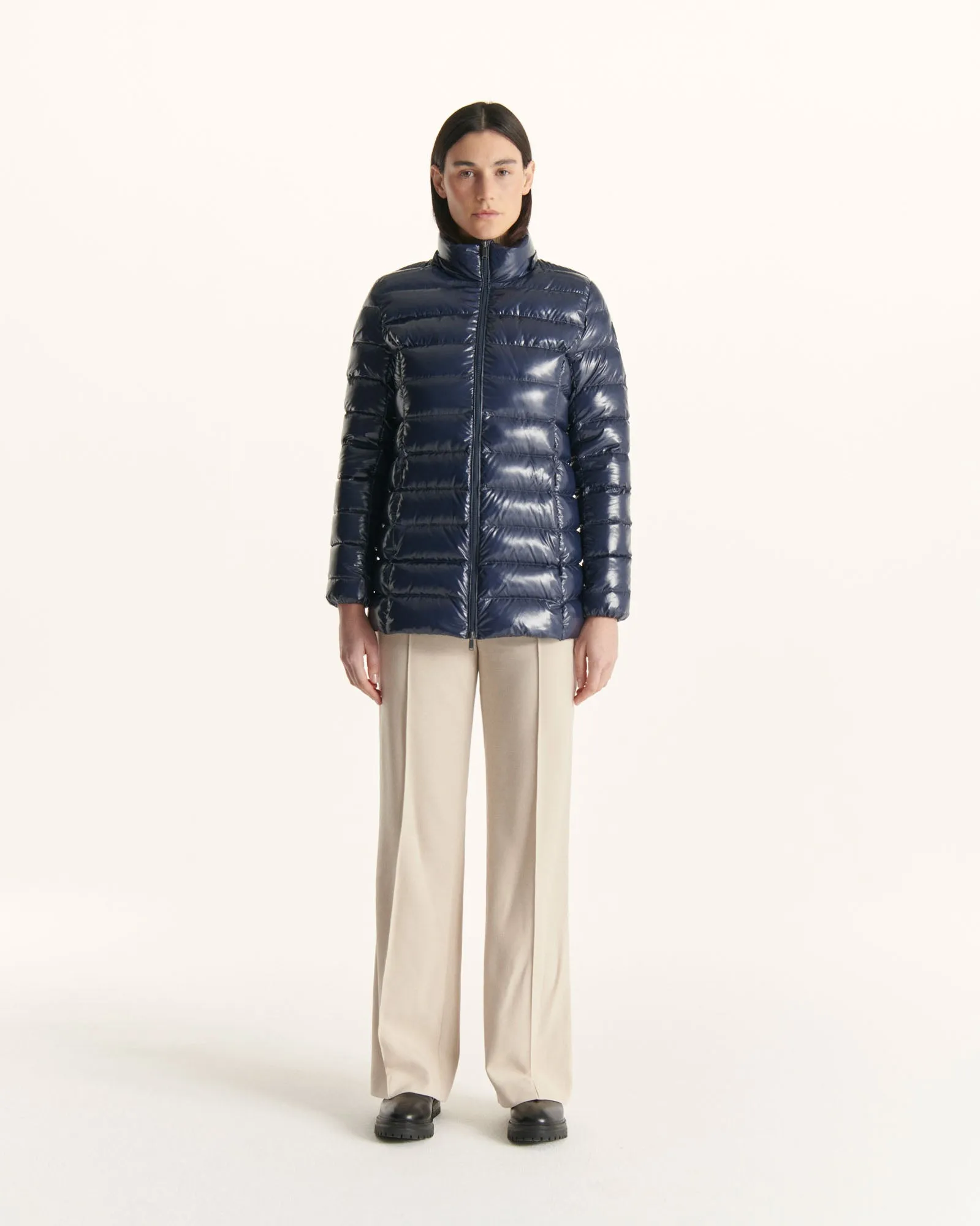 Grand Froid Navy Perle lacquered mid-length jacket