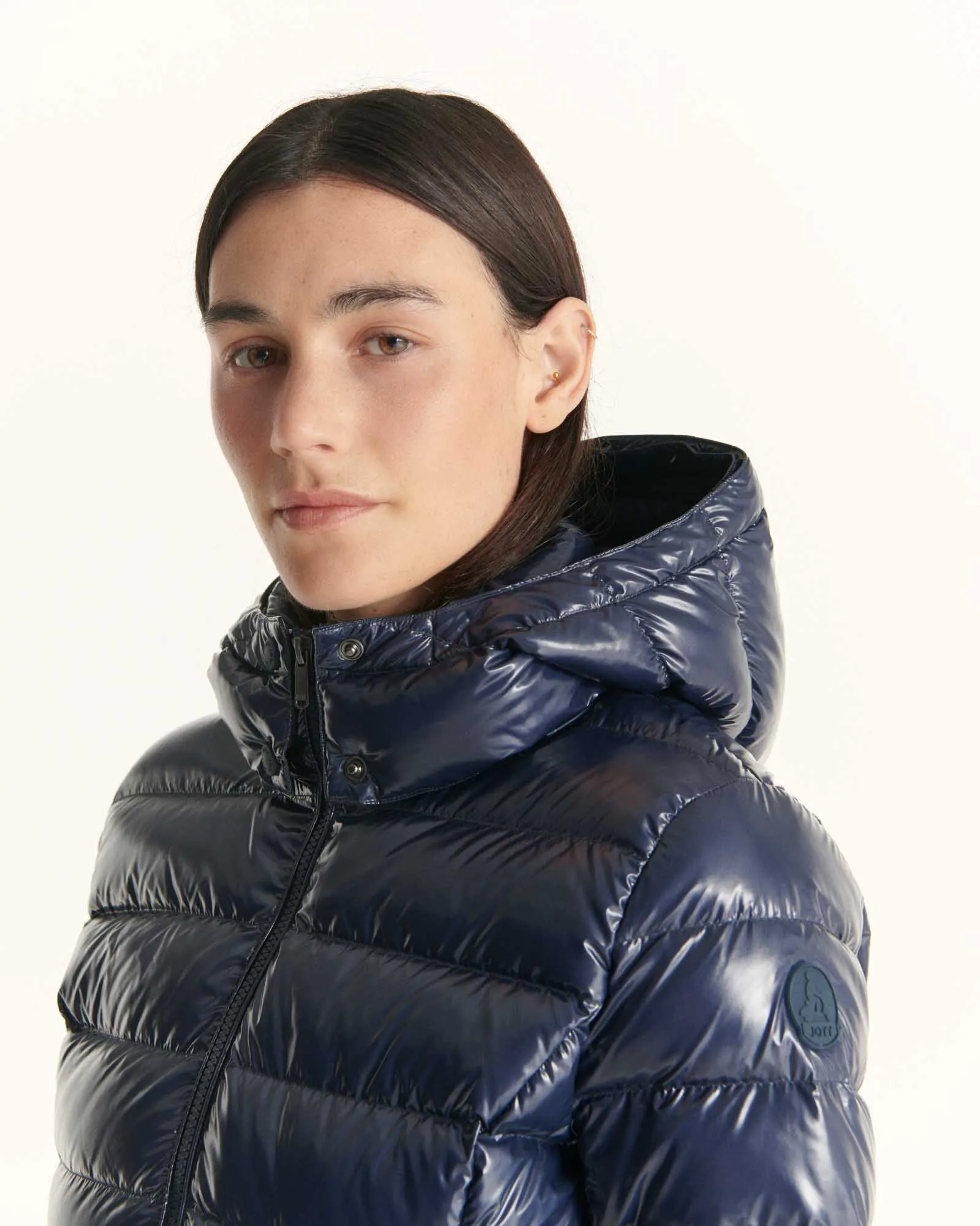 Grand Froid Navy Perle lacquered mid-length jacket