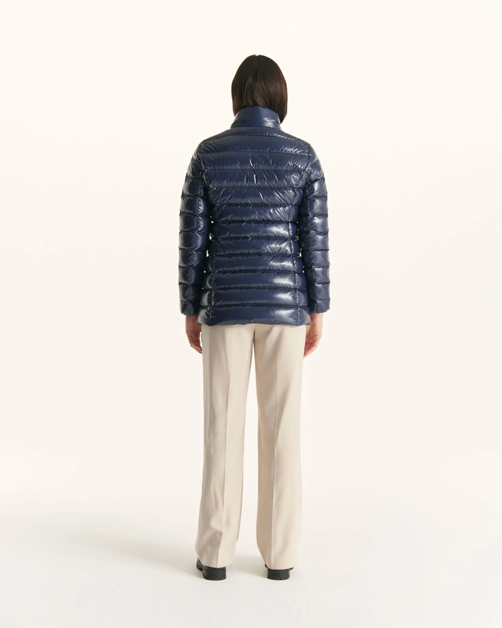 Grand Froid Navy Perle lacquered mid-length jacket