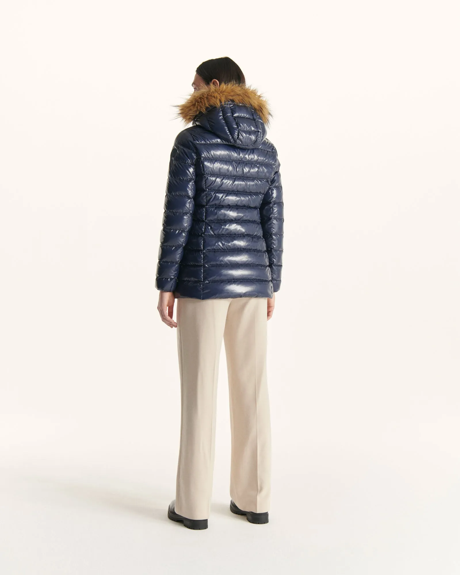 Grand Froid Navy Perle lacquered mid-length jacket