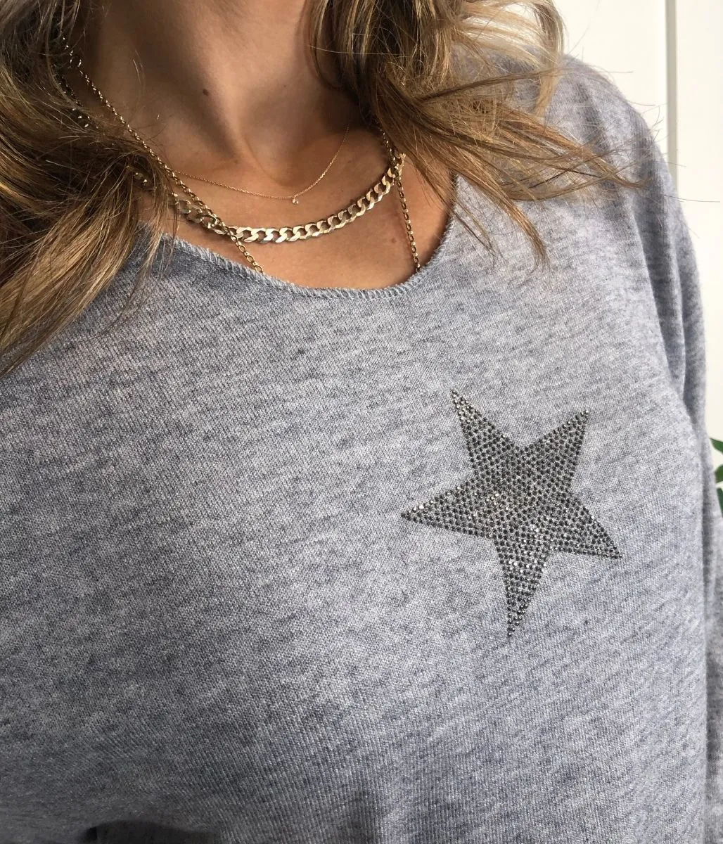 Grey Diamante Star Lightweight Jumper