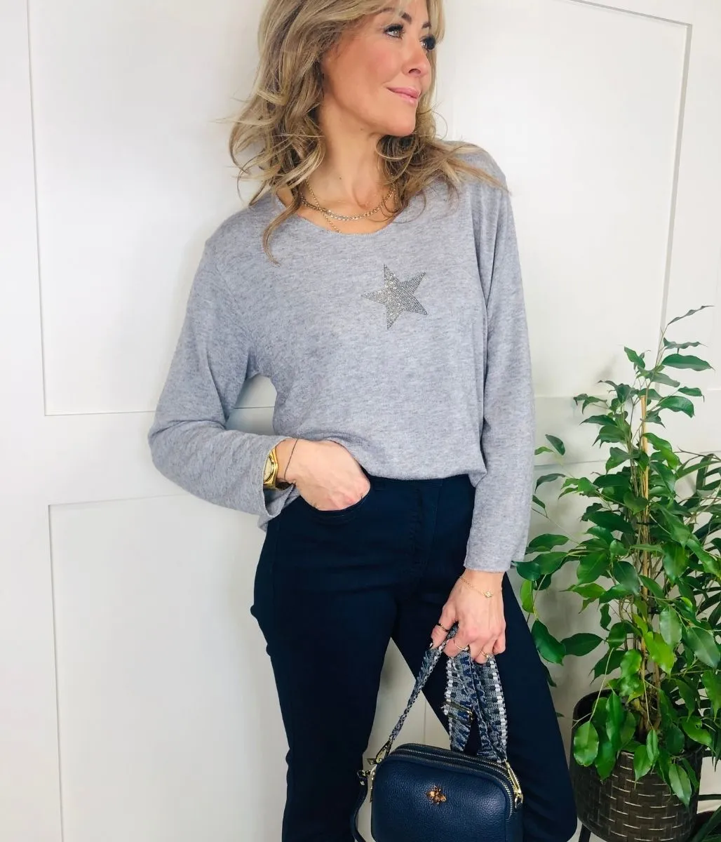 Grey Diamante Star Lightweight Jumper