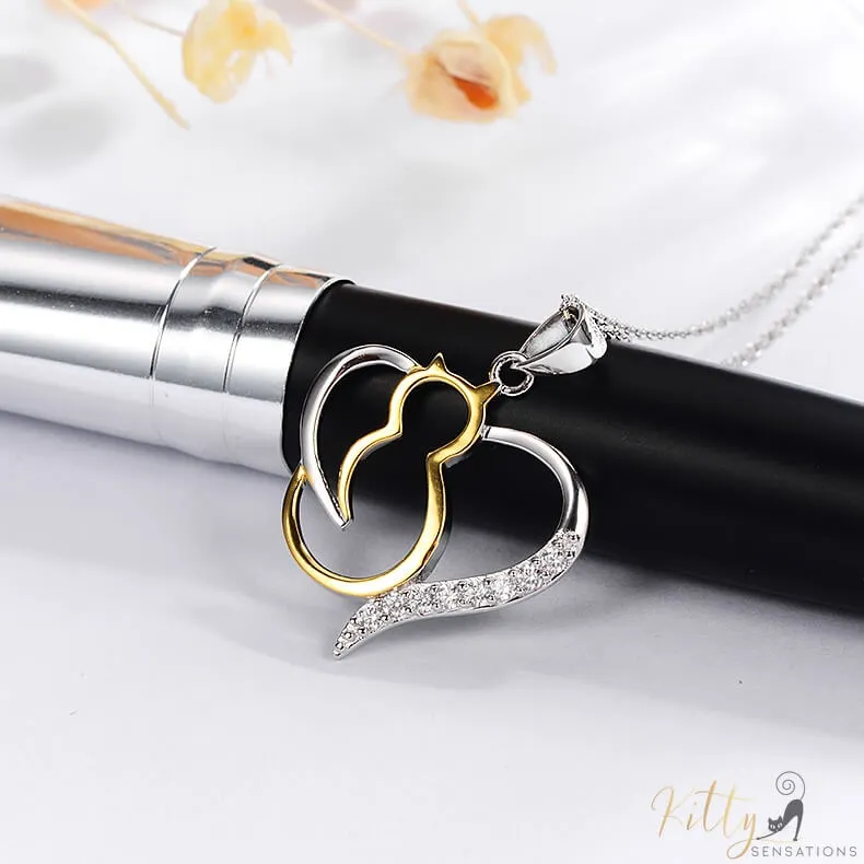 Heart Cat Necklace in Solid 925 Sterling Silver and 18K Gold Plating