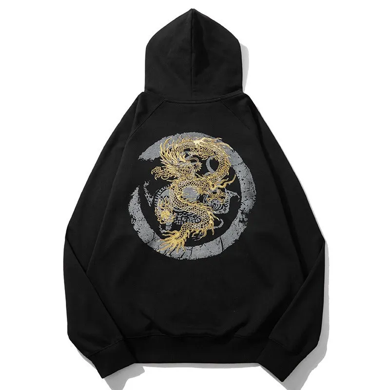 Heavy industry embroidered golden dragon sweatshirt