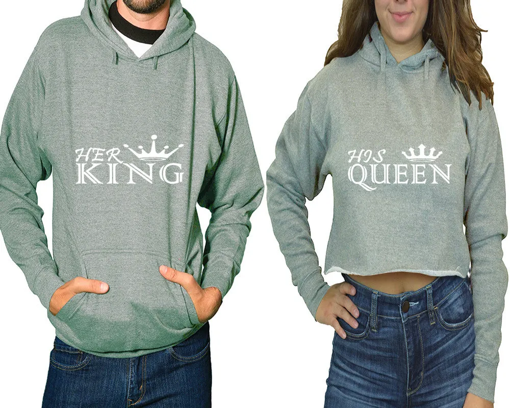 Her King His Queen Couple Matching Pullover Hoodie for Man, Crop Top Hoodie for Woman