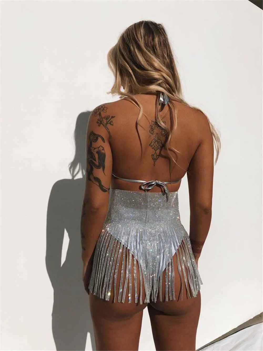 Hippie Sparkle Studded High Waisted Lace Up Tassel Fringe Skirt