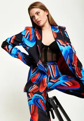 House Of Holland Abstract Print Blazer In Black, Red And Blue