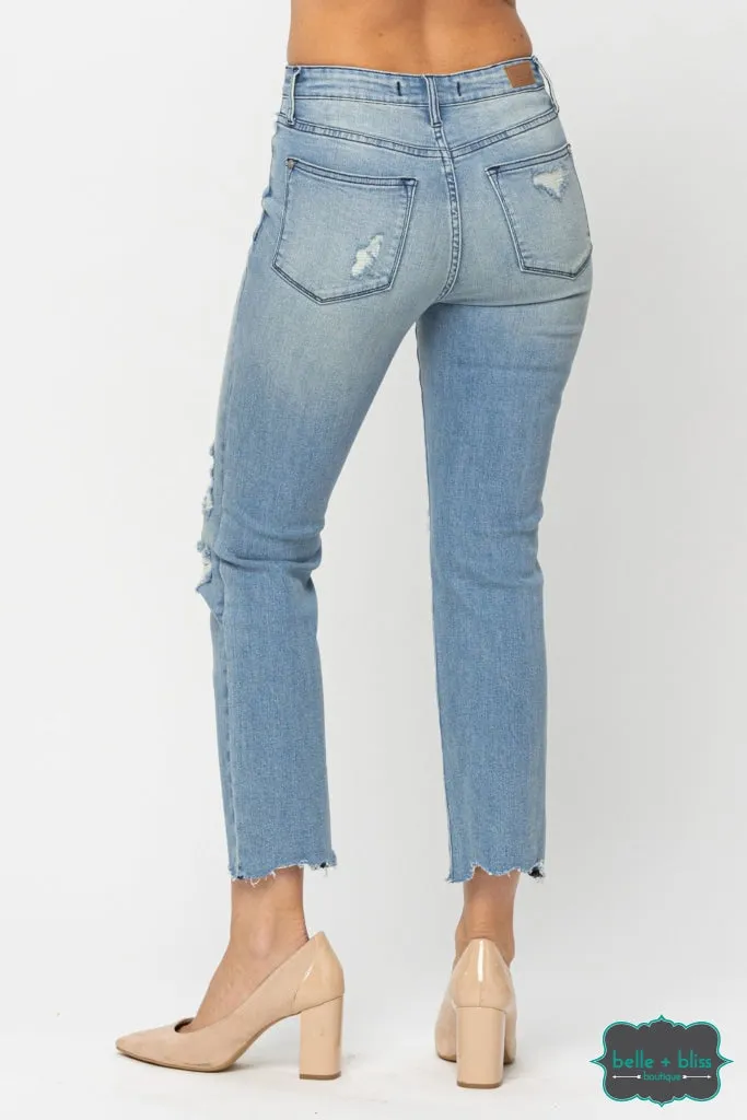 Judy Blue "Blake" Mid Rise Distressed Straight Crop Denim - Light Wash