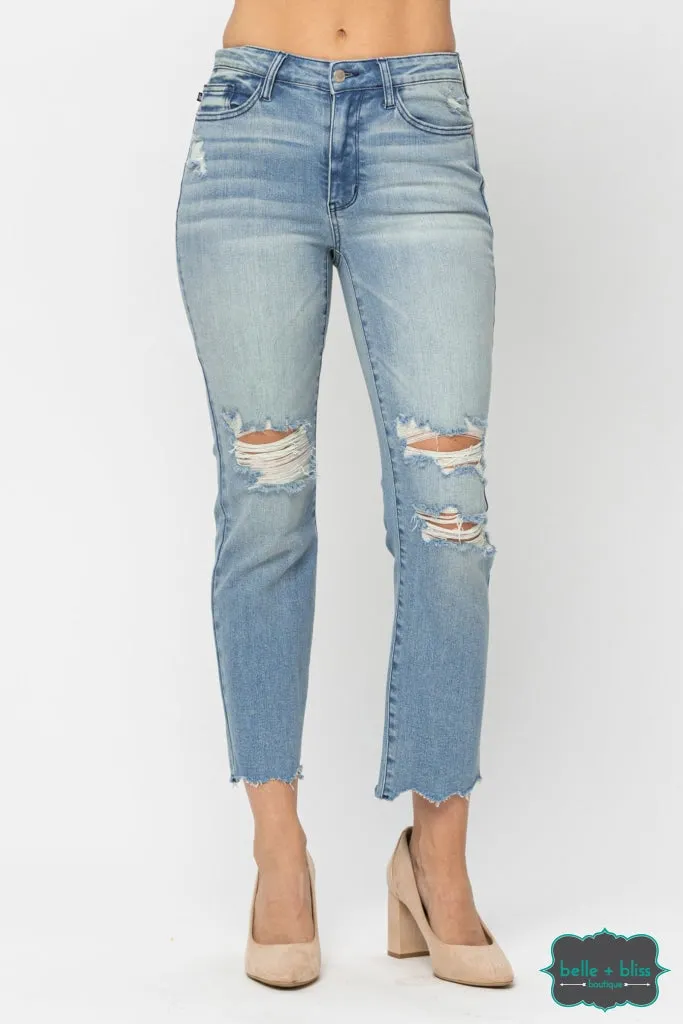 Judy Blue "Blake" Mid Rise Distressed Straight Crop Denim - Light Wash