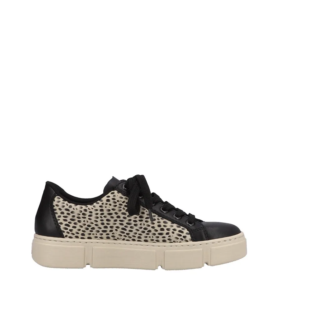 Ladies Rieker Lace Up Trainers Sneakers Black/Print/Beige N5910-62