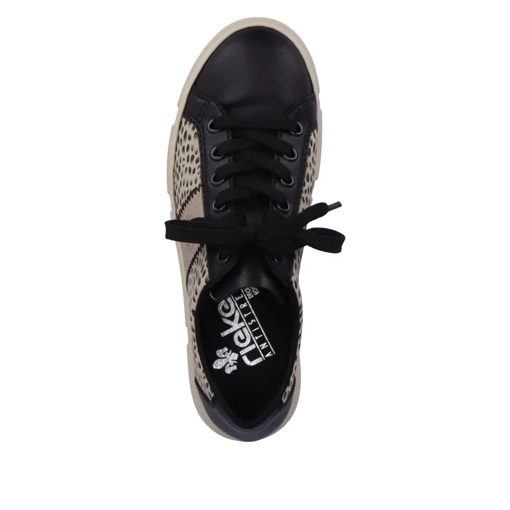 Ladies Rieker Lace Up Trainers Sneakers Black/Print/Beige N5910-62