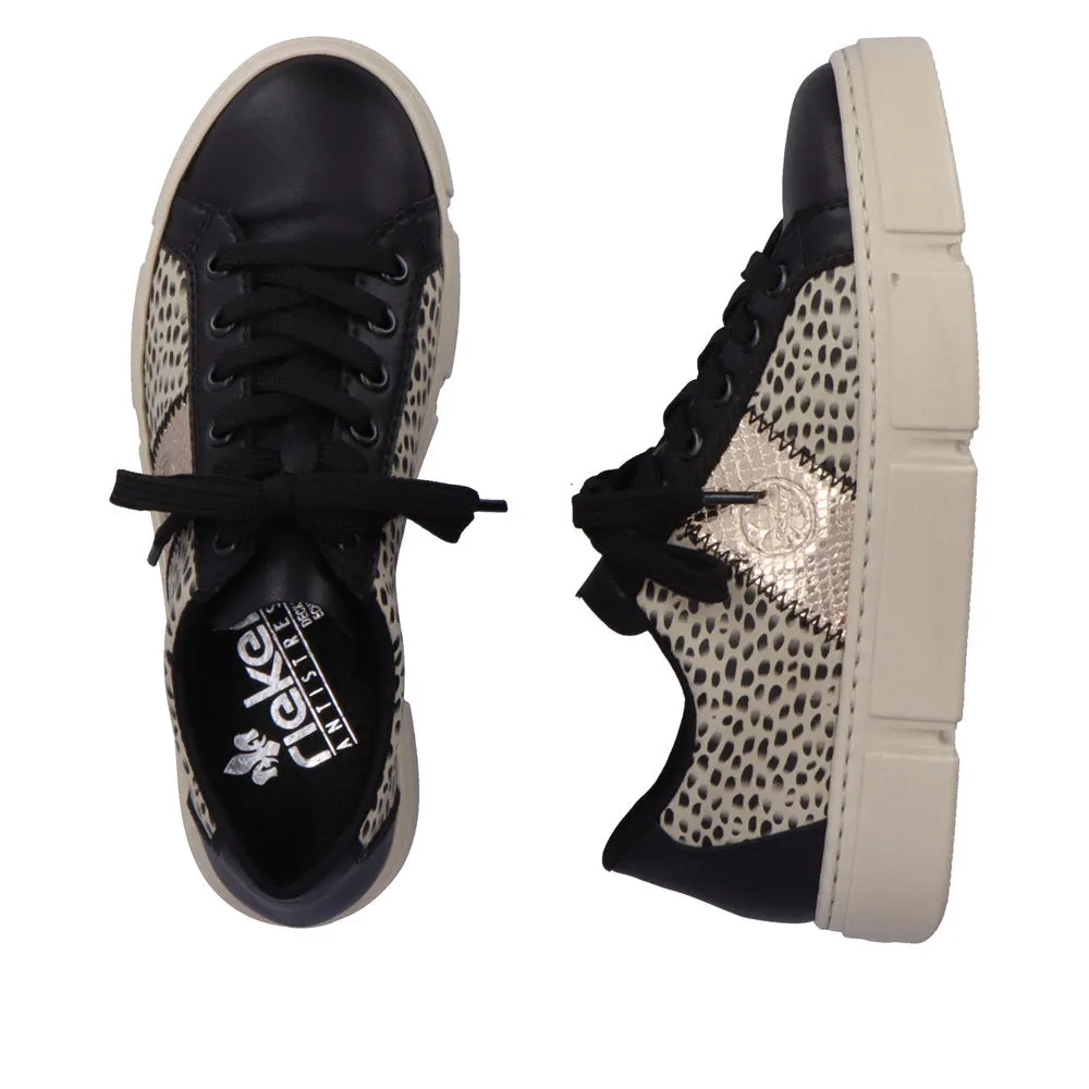 Ladies Rieker Lace Up Trainers Sneakers Black/Print/Beige N5910-62