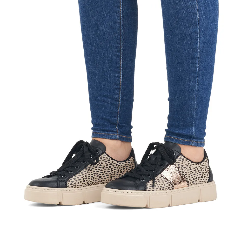 Ladies Rieker Lace Up Trainers Sneakers Black/Print/Beige N5910-62