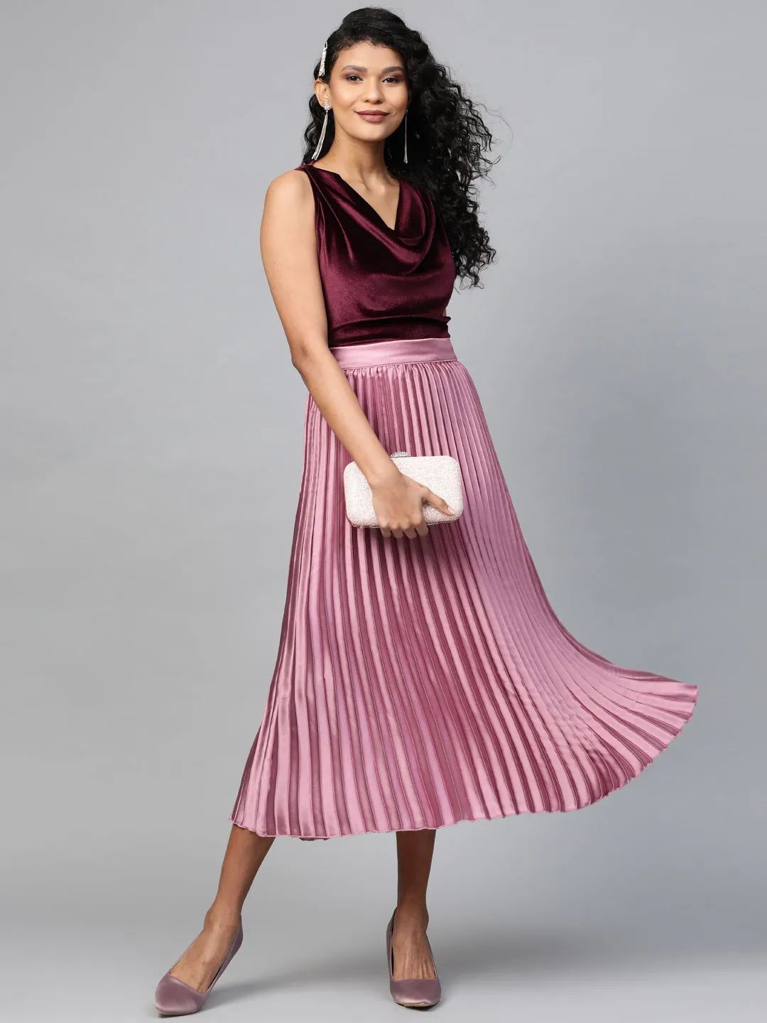 Lavender Satin Pleated Midi Skirt