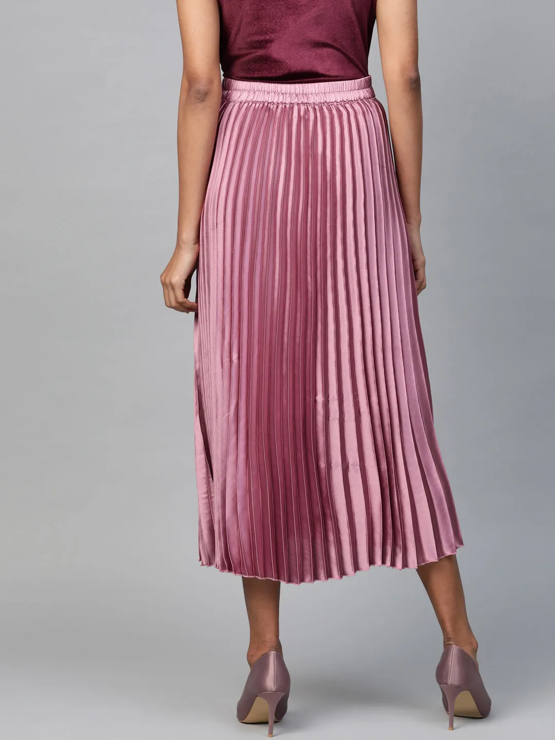 Lavender Satin Pleated Midi Skirt