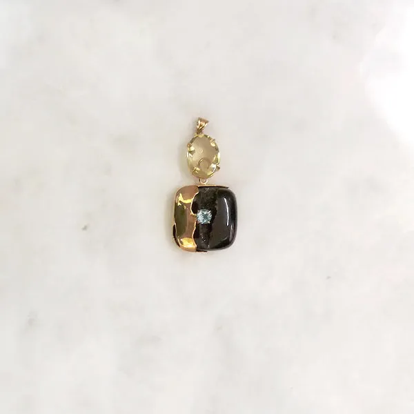 Lemon Quartz with Black Agate Druzzy Geode and Blue Topaz Pendant