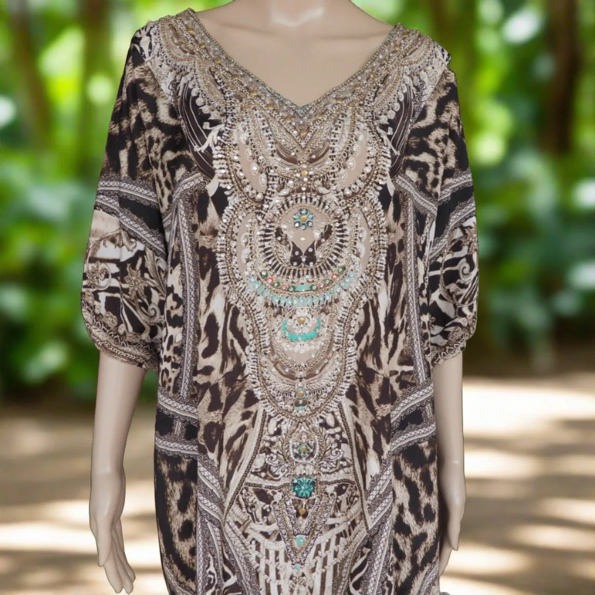 Leopard 3/4 sleeve Silk/Viscose Embellished Dress