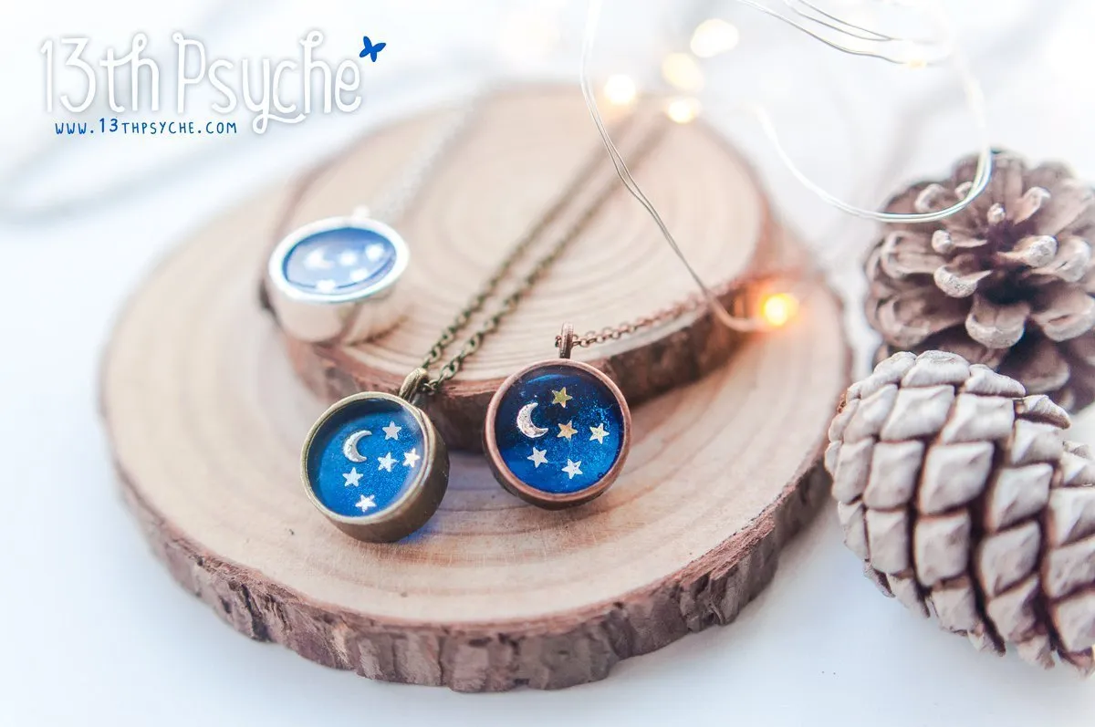 Little moon and stars resin cameo necklace