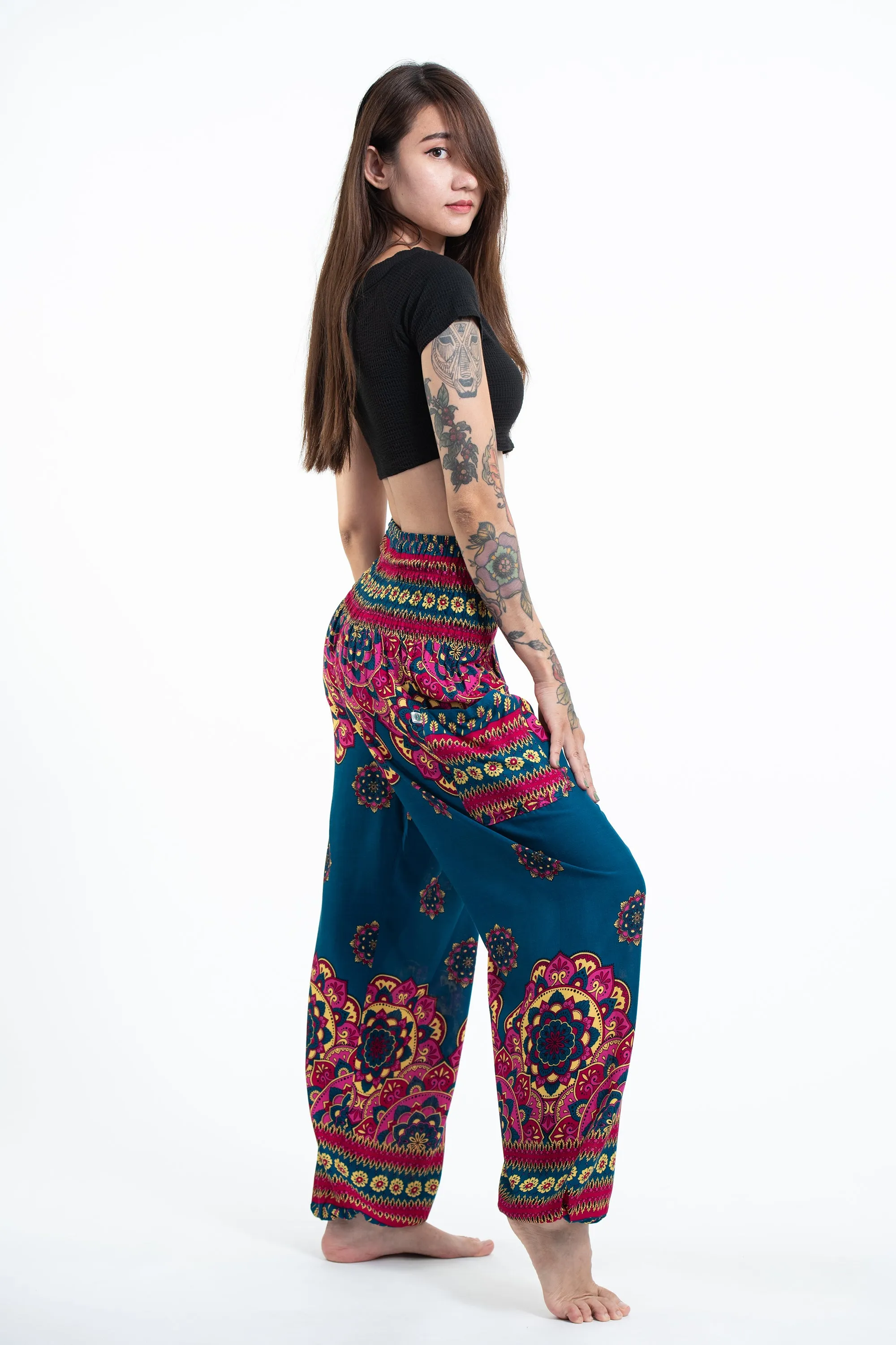 Lotus Mandalas Women's Harem Pants in Turquoise