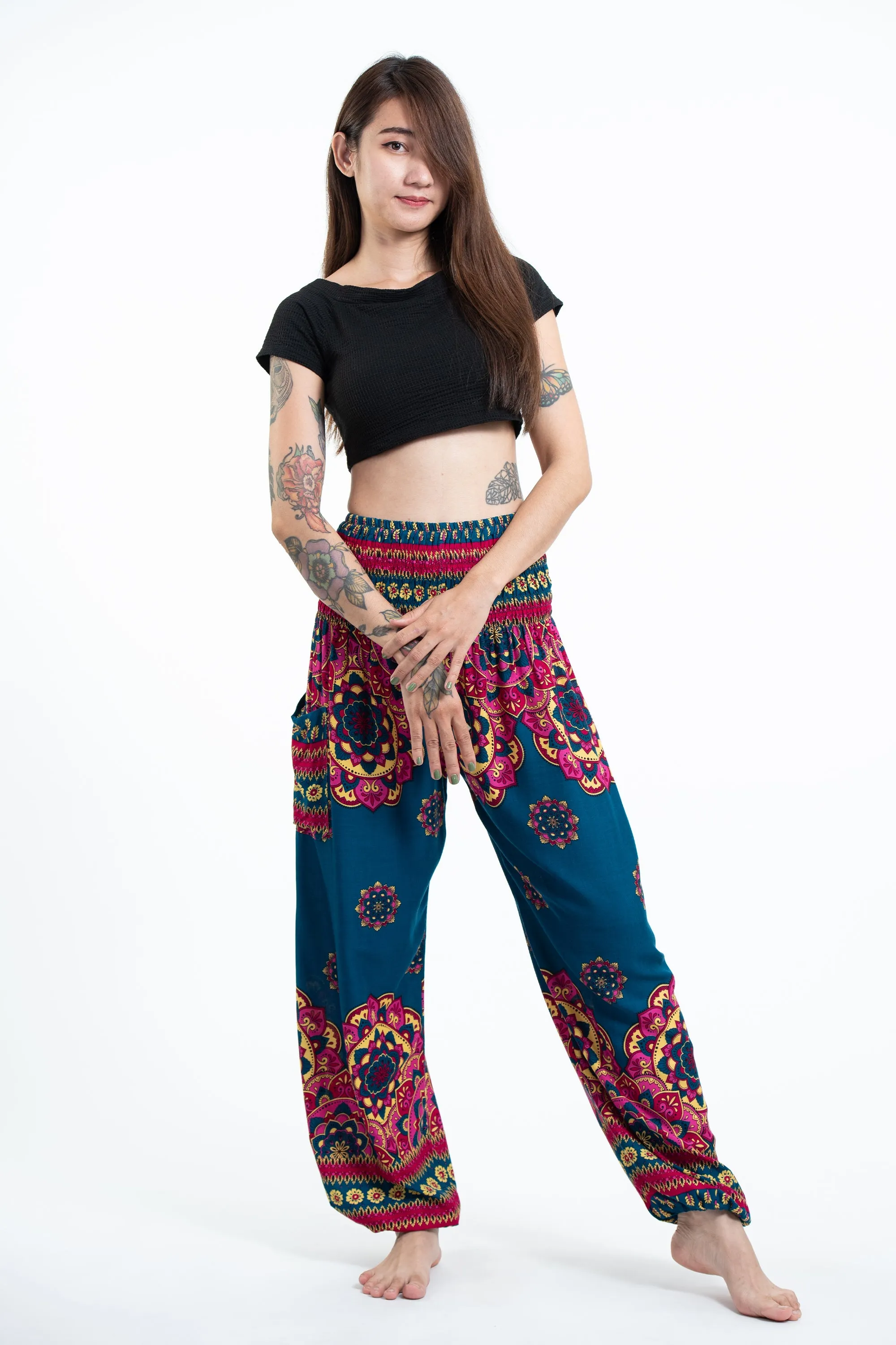 Lotus Mandalas Women's Harem Pants in Turquoise