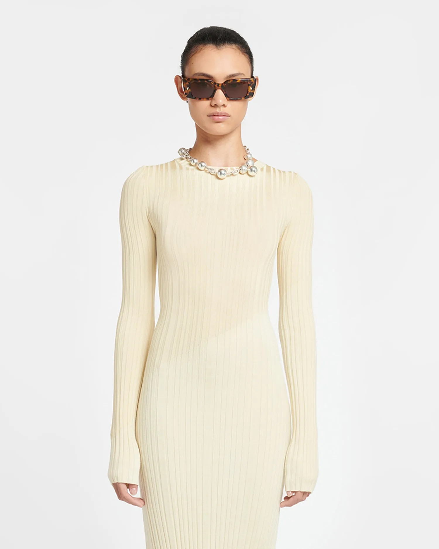 Maeron - Ribbed Merino Wool Dress - Lime Yellow/Creme