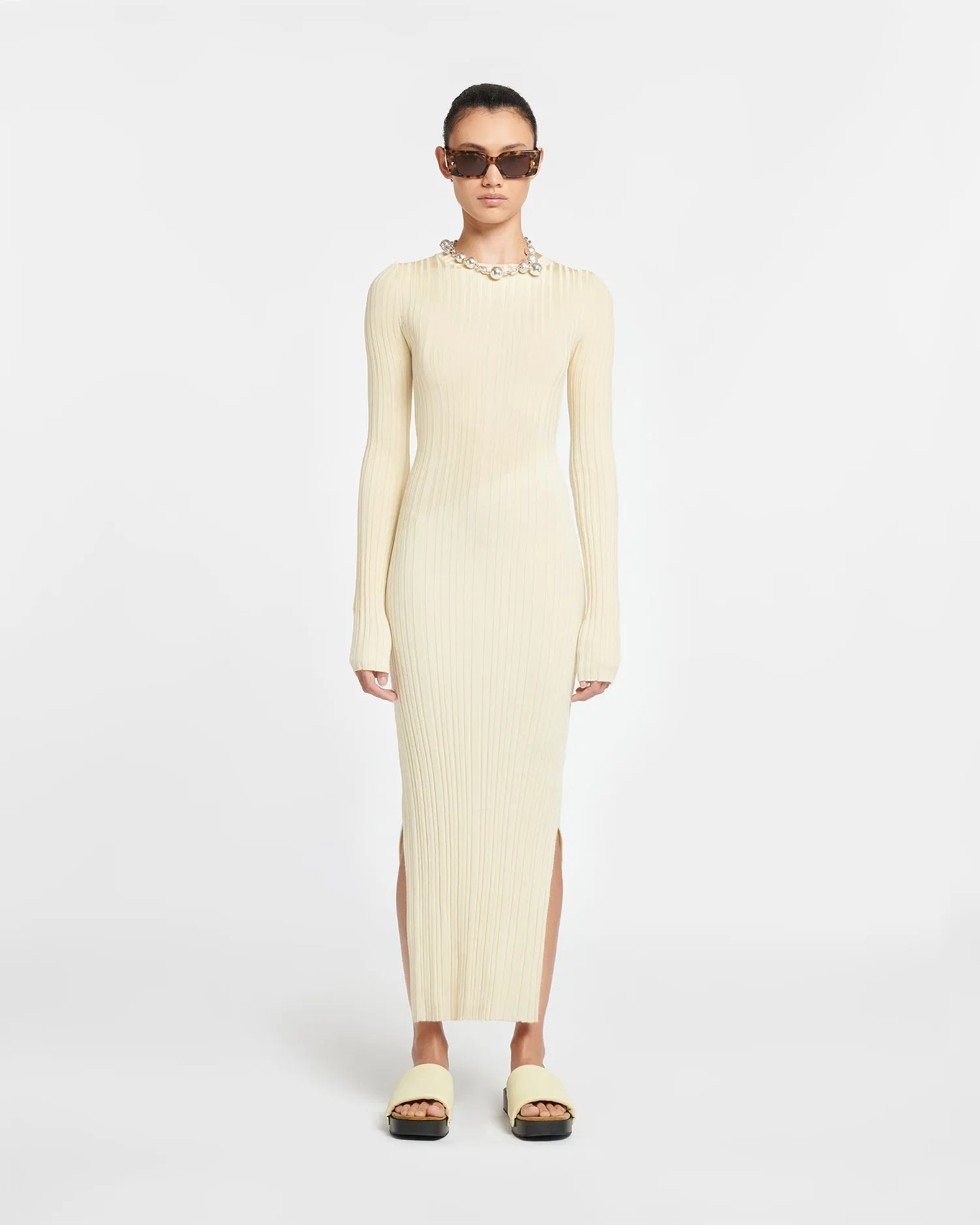 Maeron - Ribbed Merino Wool Dress - Lime Yellow/Creme