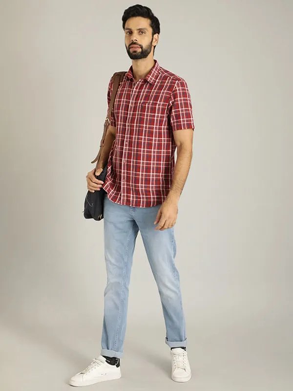 Men Checked Half Sleeve Linen Blend Shirt