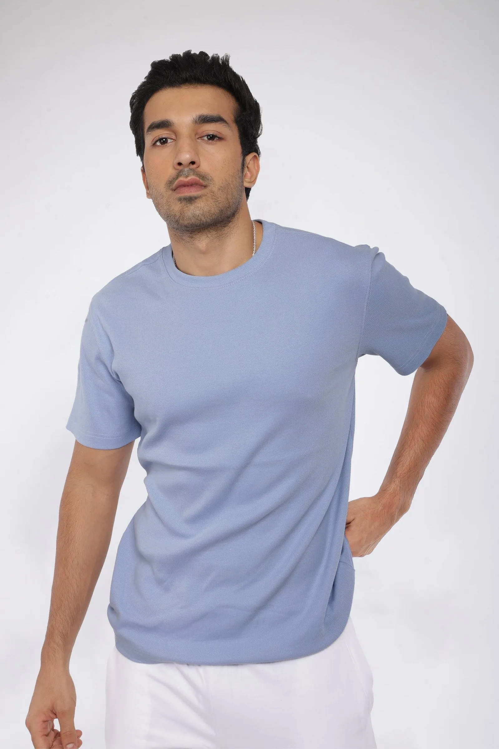 Mens Blue Ribbed Relaxed Fit T-shirt