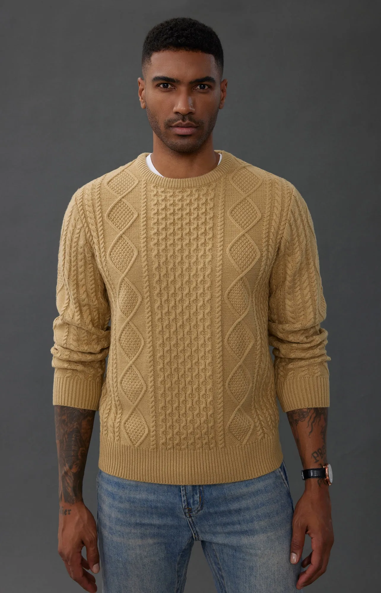 Men's Cable Knit Pullover Long Sleeve Ribbed Knit Pullover Regular Fit Crew Neck Jumper Sweater