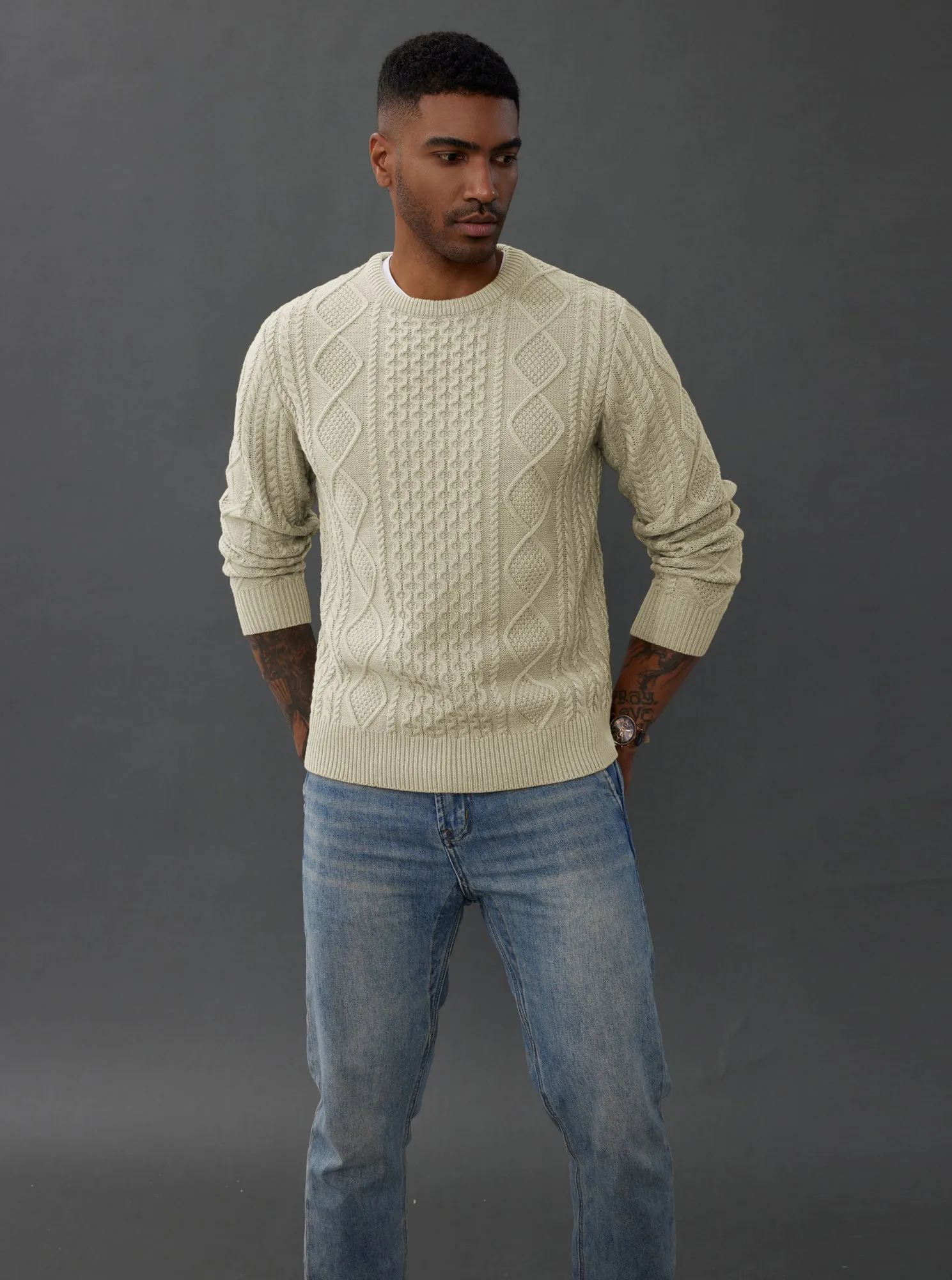 Men's Cable Knit Pullover Long Sleeve Ribbed Knit Pullover Regular Fit Crew Neck Jumper Sweater