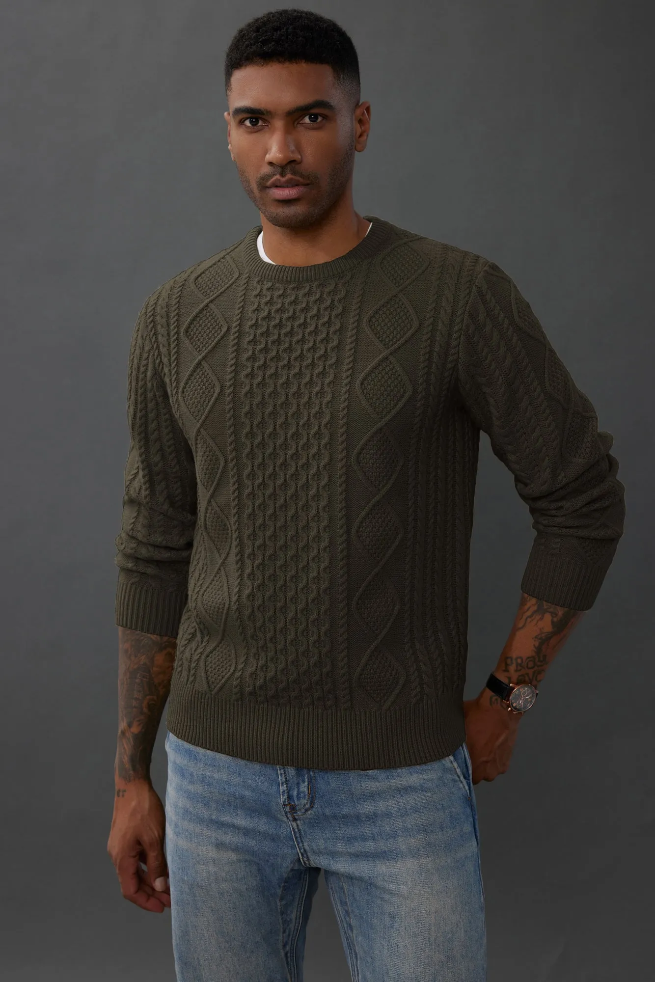 Men's Cable Knit Pullover Long Sleeve Ribbed Knit Pullover Regular Fit Crew Neck Jumper Sweater