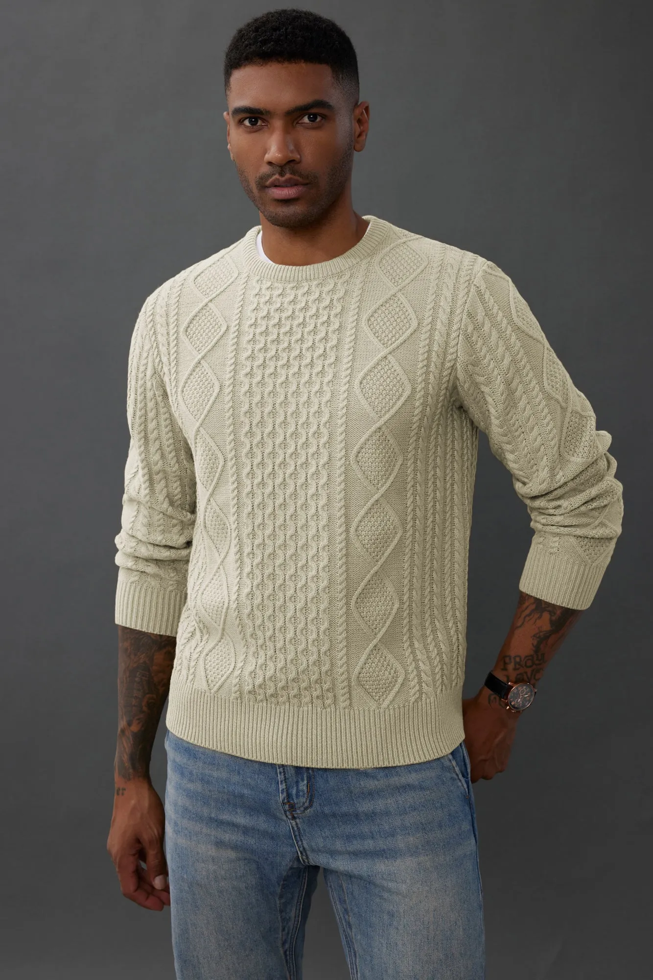 Men's Cable Knit Pullover Long Sleeve Ribbed Knit Pullover Regular Fit Crew Neck Jumper Sweater