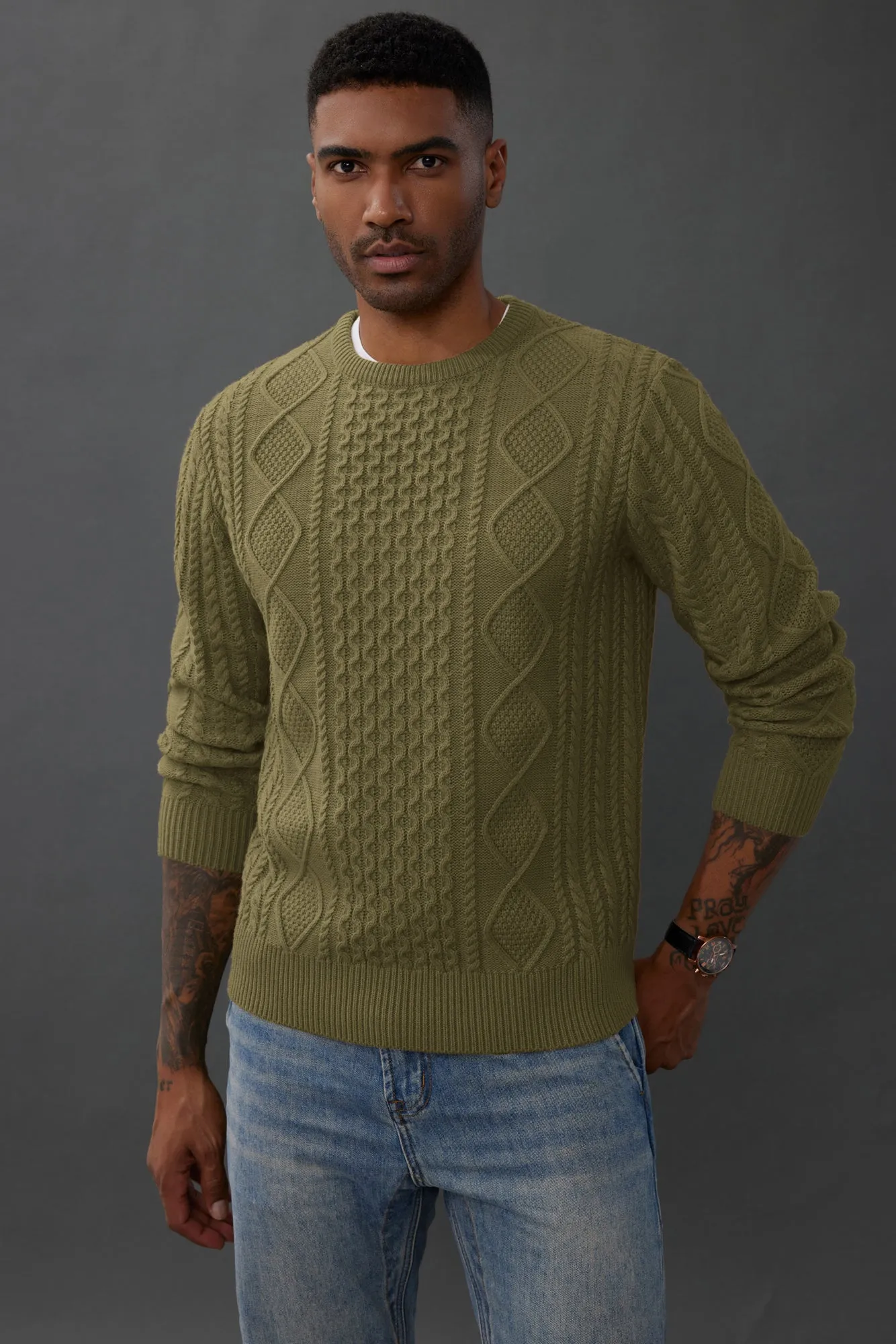 Men's Cable Knit Pullover Long Sleeve Ribbed Knit Pullover Regular Fit Crew Neck Jumper Sweater