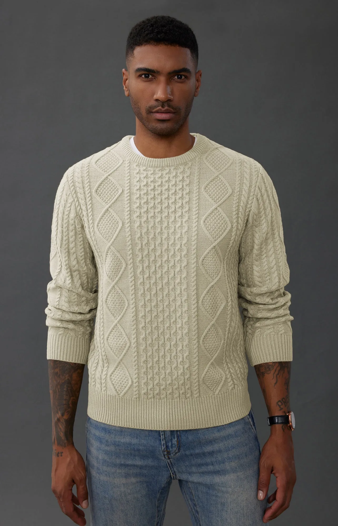 Men's Cable Knit Pullover Long Sleeve Ribbed Knit Pullover Regular Fit Crew Neck Jumper Sweater