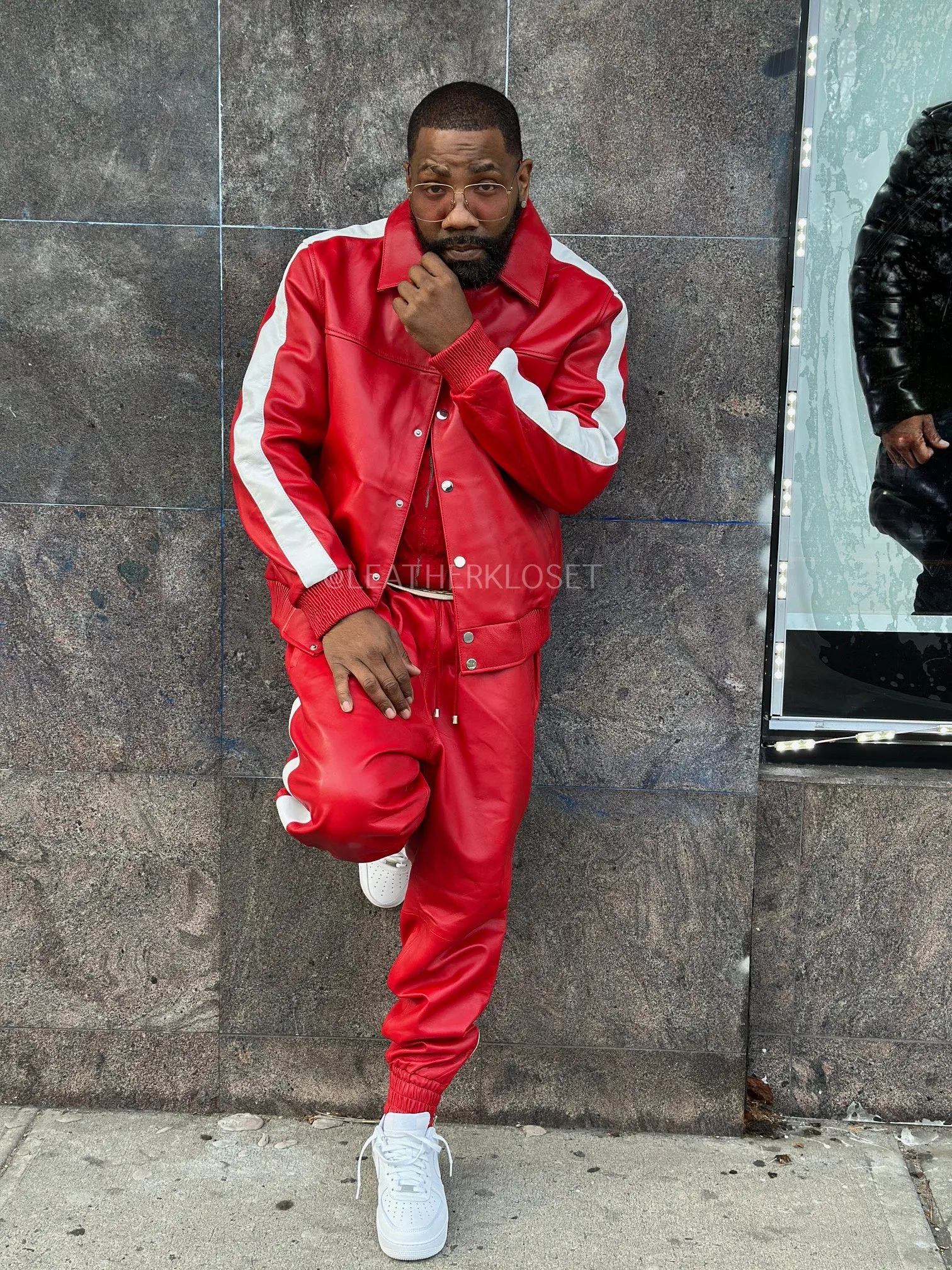 Men's Leather Track Suit Sweatsuit [Red/White]