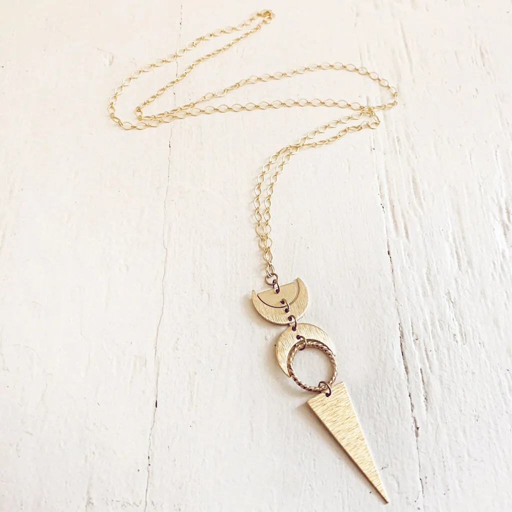 moon phases // half moon, waxing, waning crescent moons, new moon and long triangle pendant necklace