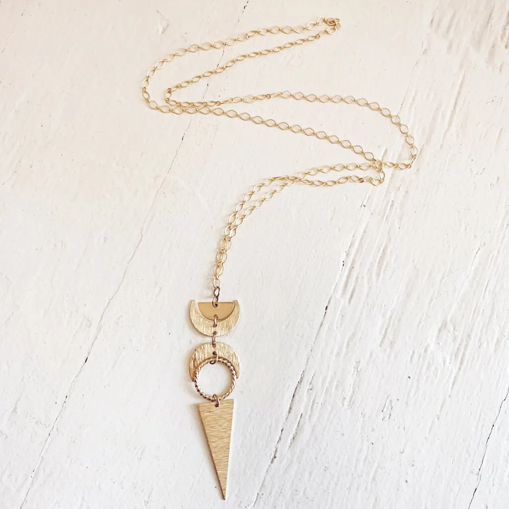 moon phases // half moon, waxing, waning crescent moons, new moon and long triangle pendant necklace