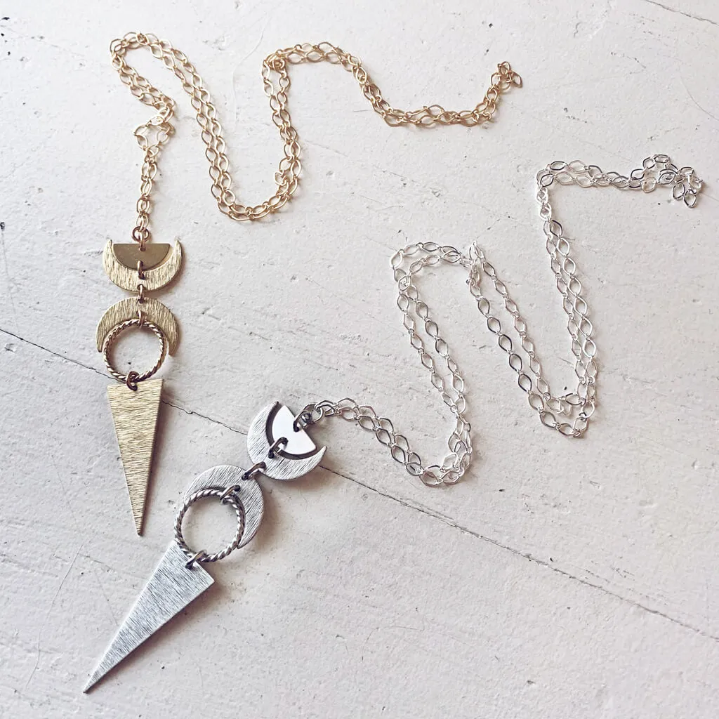 moon phases // half moon, waxing, waning crescent moons, new moon and long triangle pendant necklace