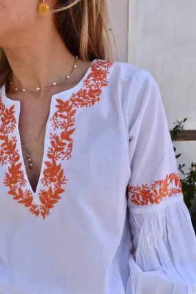 Mykonos Hand Embroidered Top White with Orange Embroidery