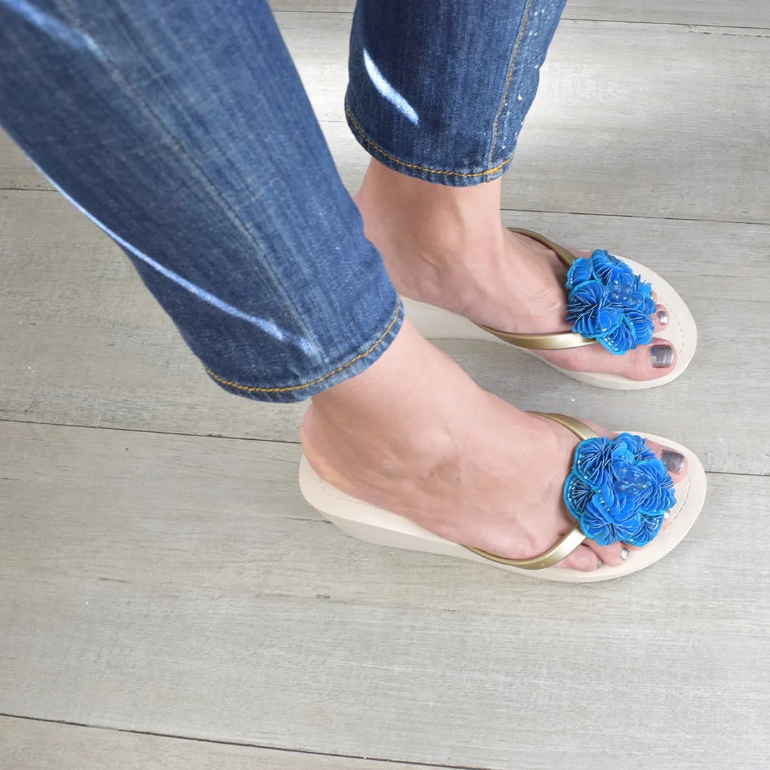 Noho Blue Flower - Sequence Embellished Women's Flat Flip Flops Sandal