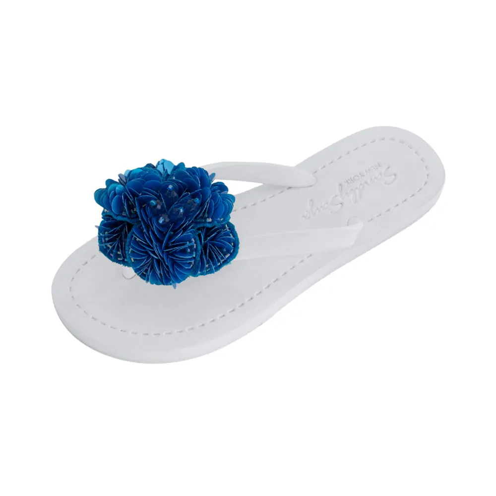 Noho Blue Flower - Sequence Embellished Women's Flat Flip Flops Sandal