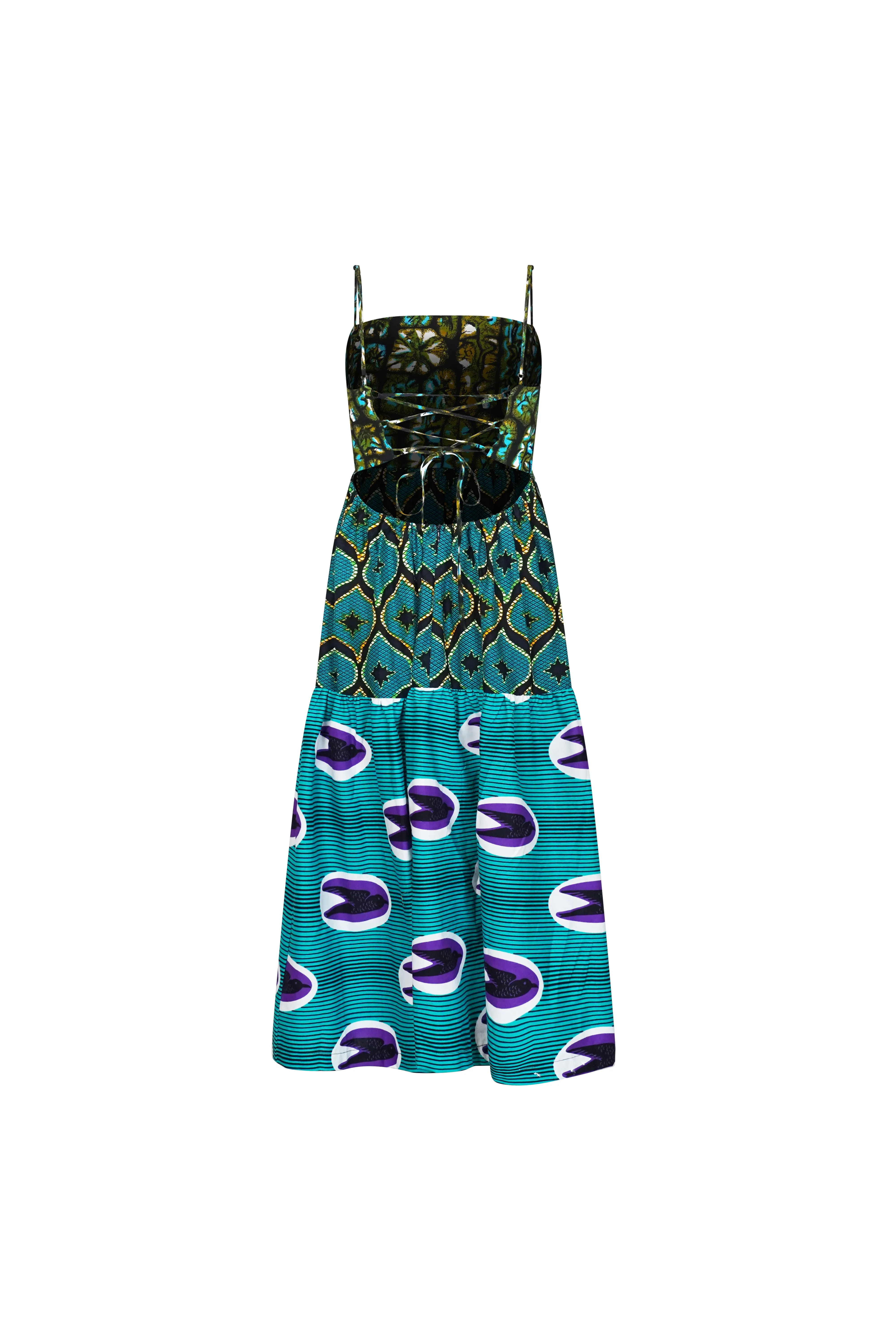 Okiki Spaghetti Strap Dress - Turquoise Green African Ankara Wax Cotton Print