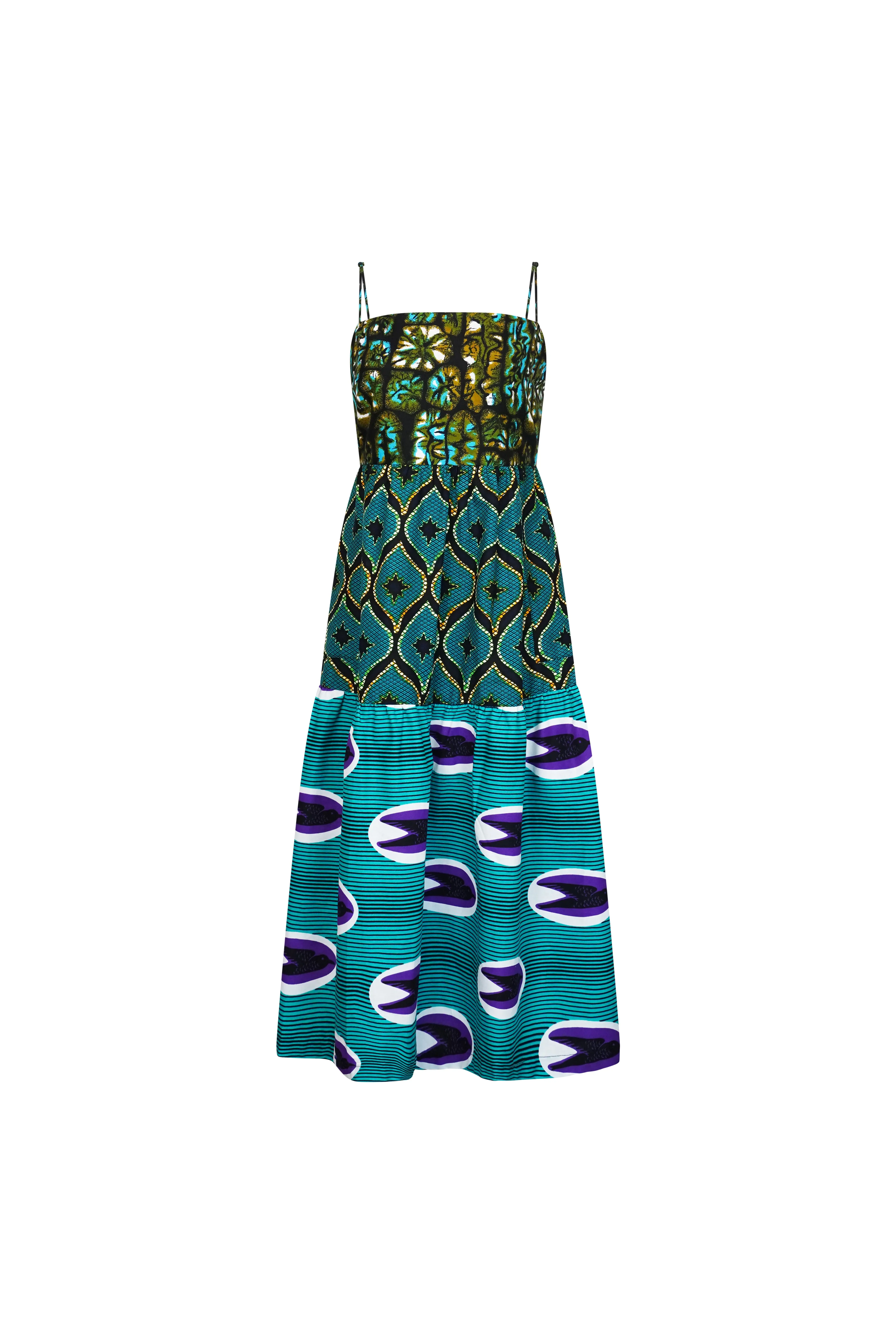 Okiki Spaghetti Strap Dress - Turquoise Green African Ankara Wax Cotton Print