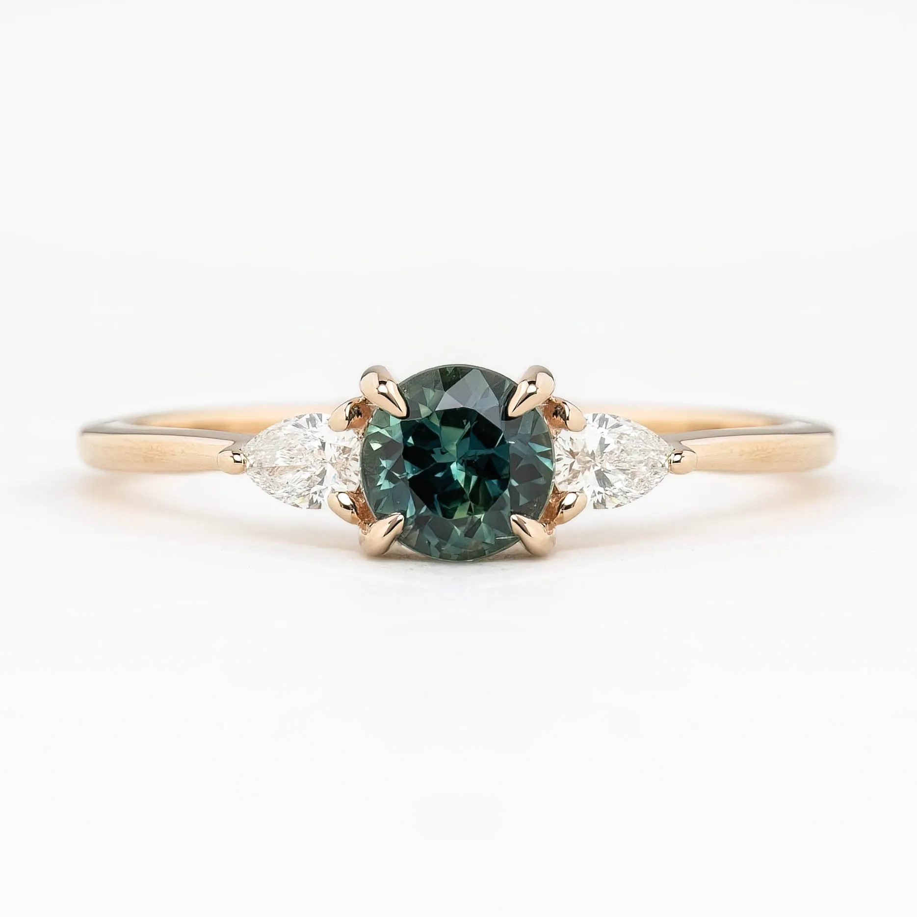 Olivia Ring Teal Blue Green Queensland Round Sapphire Ring, 14k Rose Gold