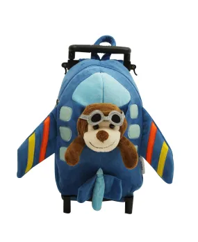 Popatu Kid's Blue Airplane Trolley Backpack With Removable Plush Brown Monkey