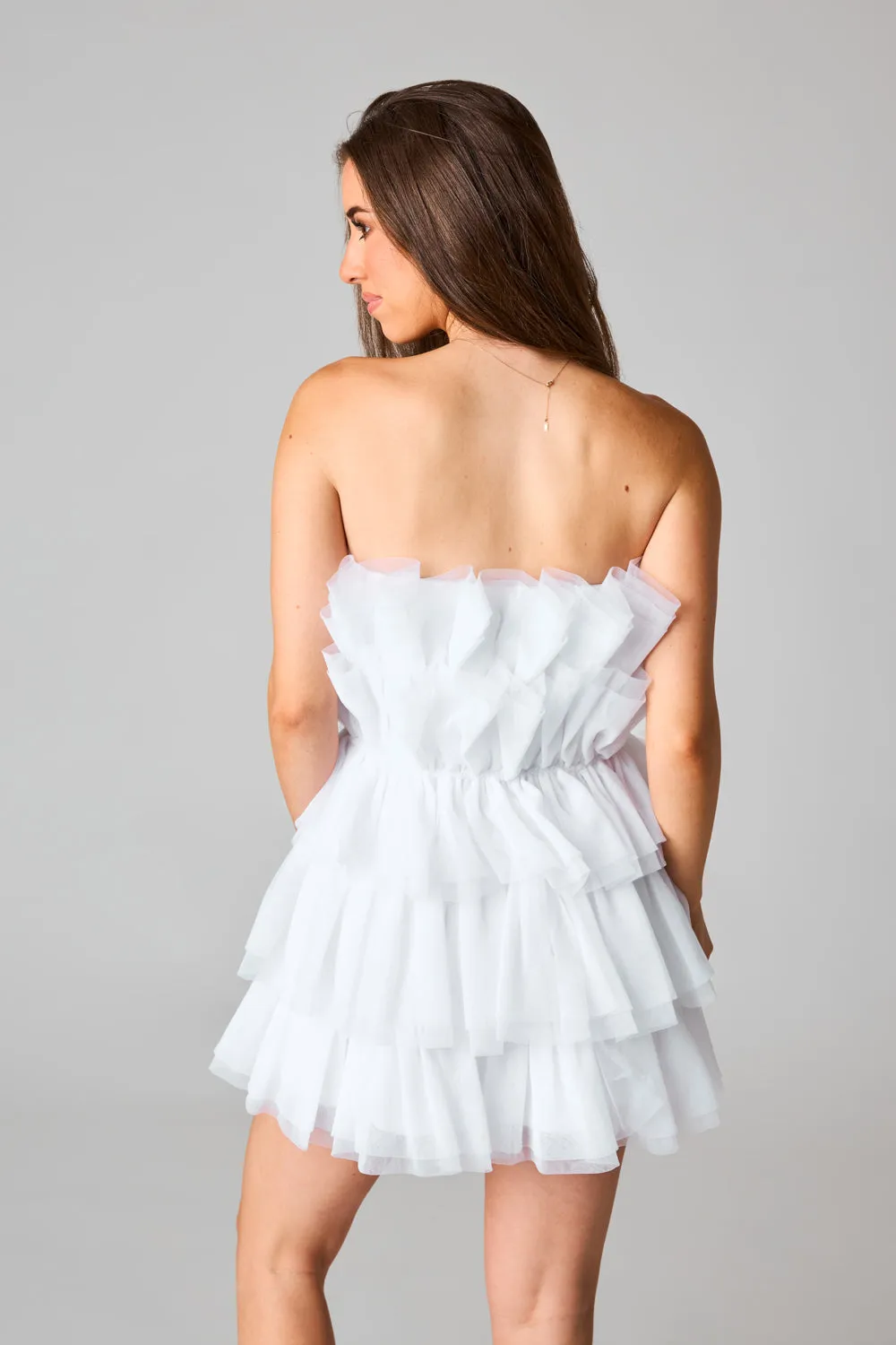 Powder Puff Strapless Tulle Mini Dress - White