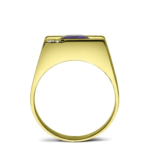 Real Solid Silver 18K Gold Plated Mens Amethyst 2 Diamond Ring