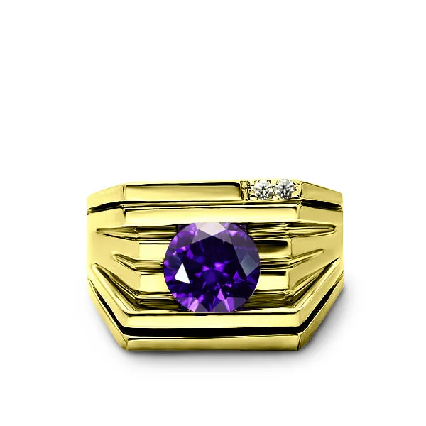 Real Solid Silver 18K Gold Plated Mens Amethyst 2 Diamond Ring