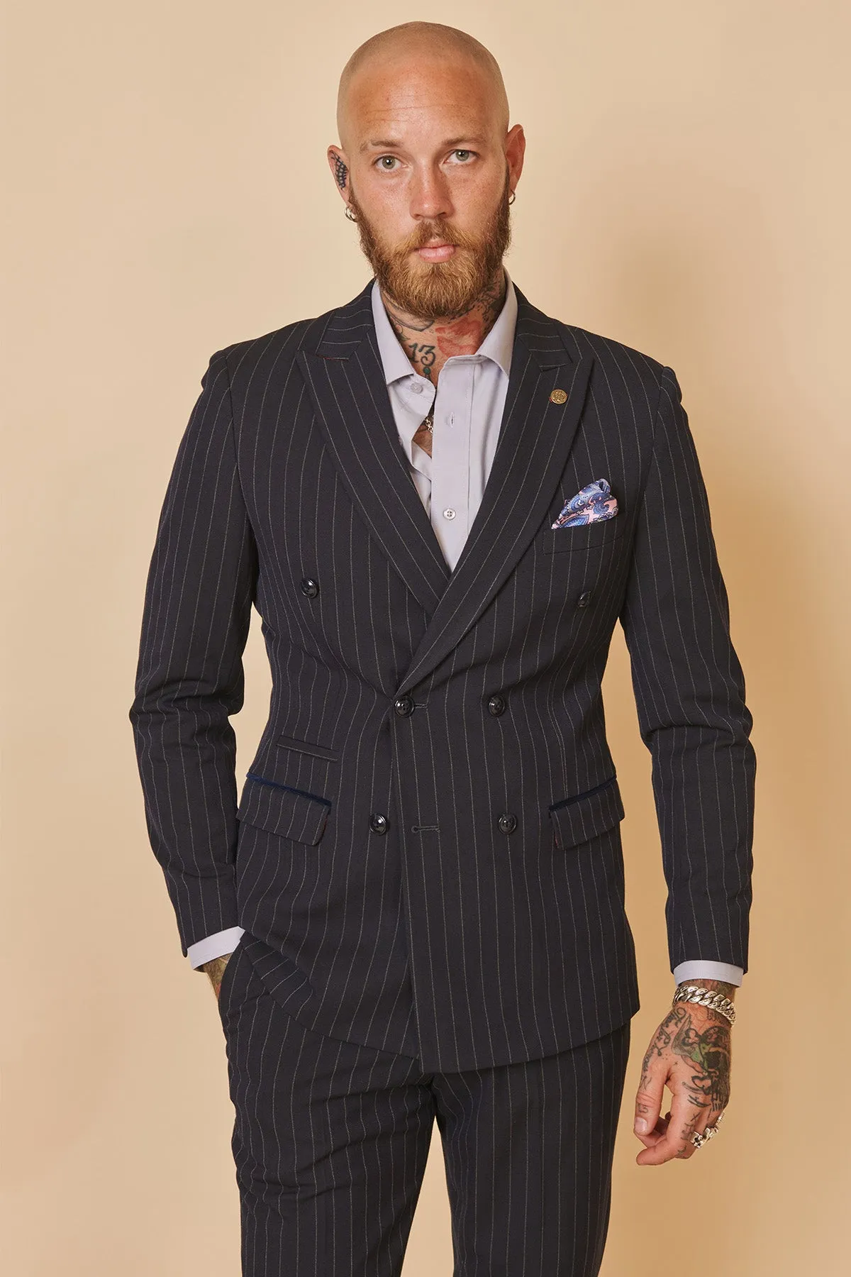 ROCCO - Navy Pinstripe Double Breasted Two Piece Suit